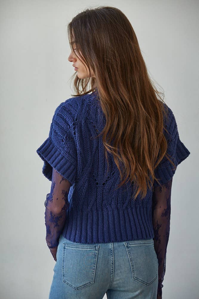 W1124 | Knit Sweater Crochet Round Neck Short Sleeve Top