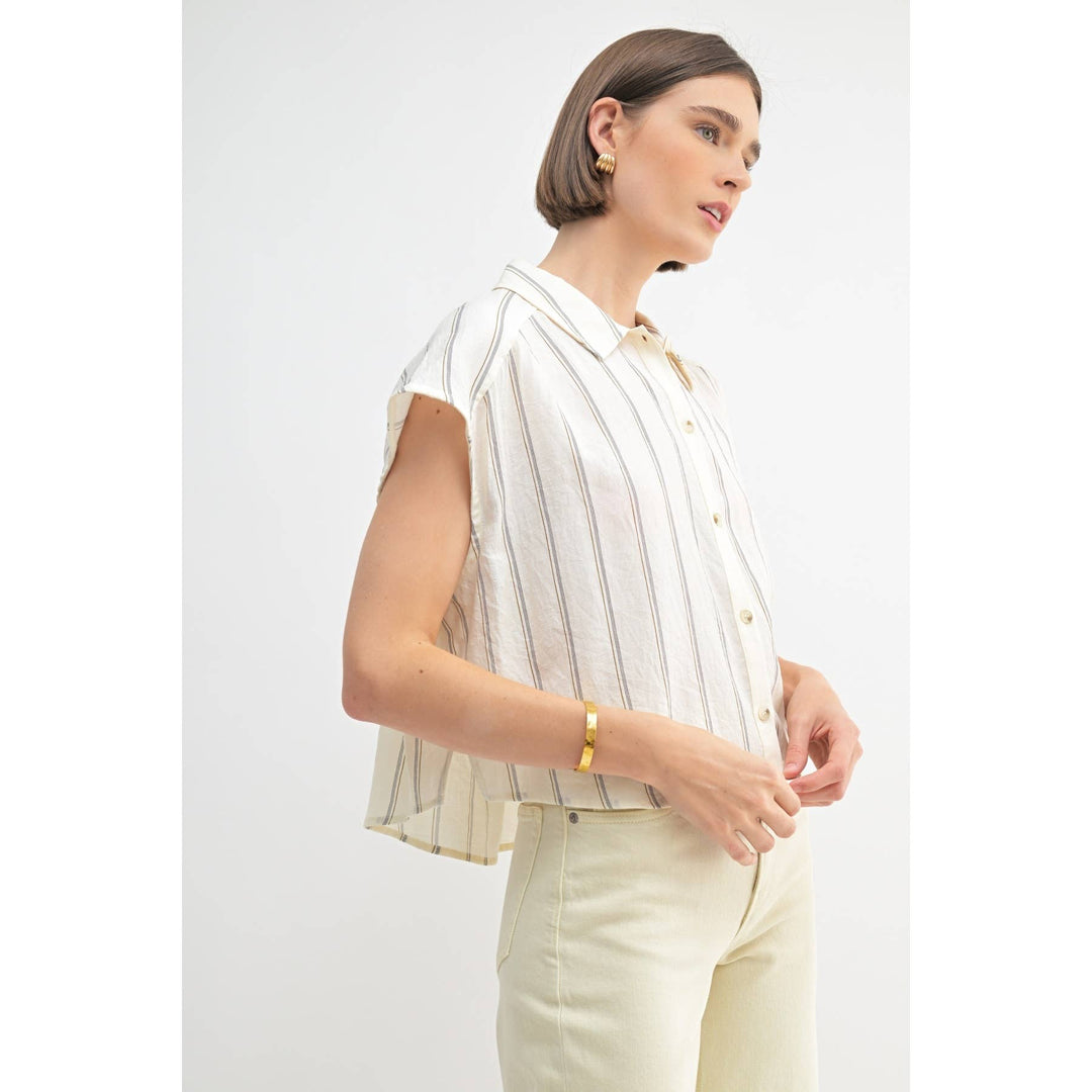 Dolman Sleeve Button Down Shirt in White Stripe