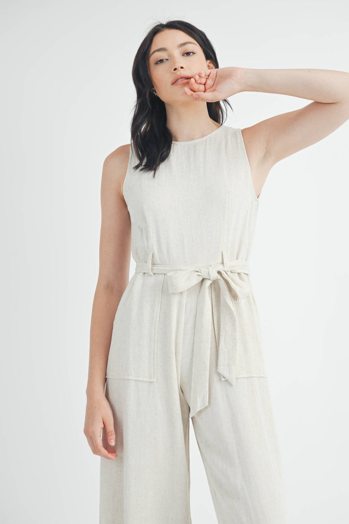 Linen Tie Waist Jumpsuit in Natural