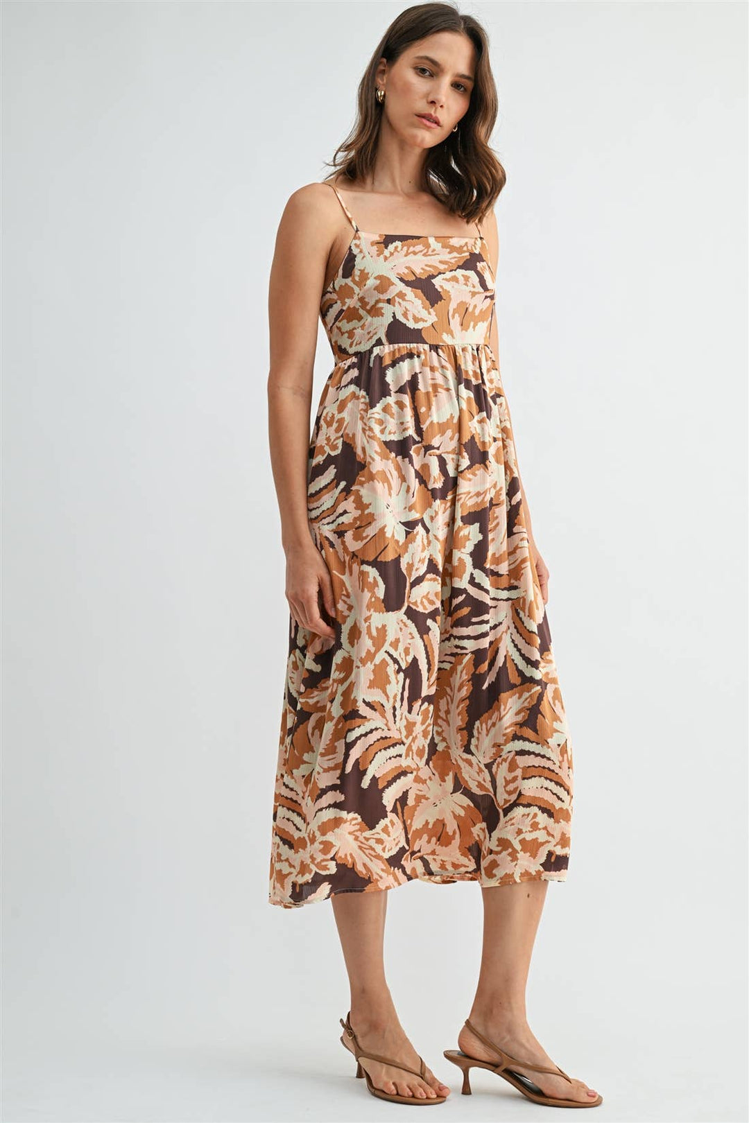 Leaf Print Smocked Back Dress in Brown Multi Color