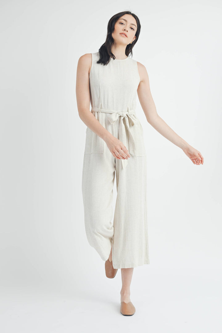 Linen Tie Waist Jumpsuit in Natural