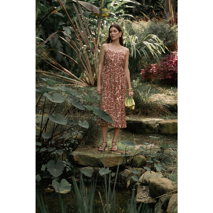 Flower Print Smocked Back Midi Dress in Orange