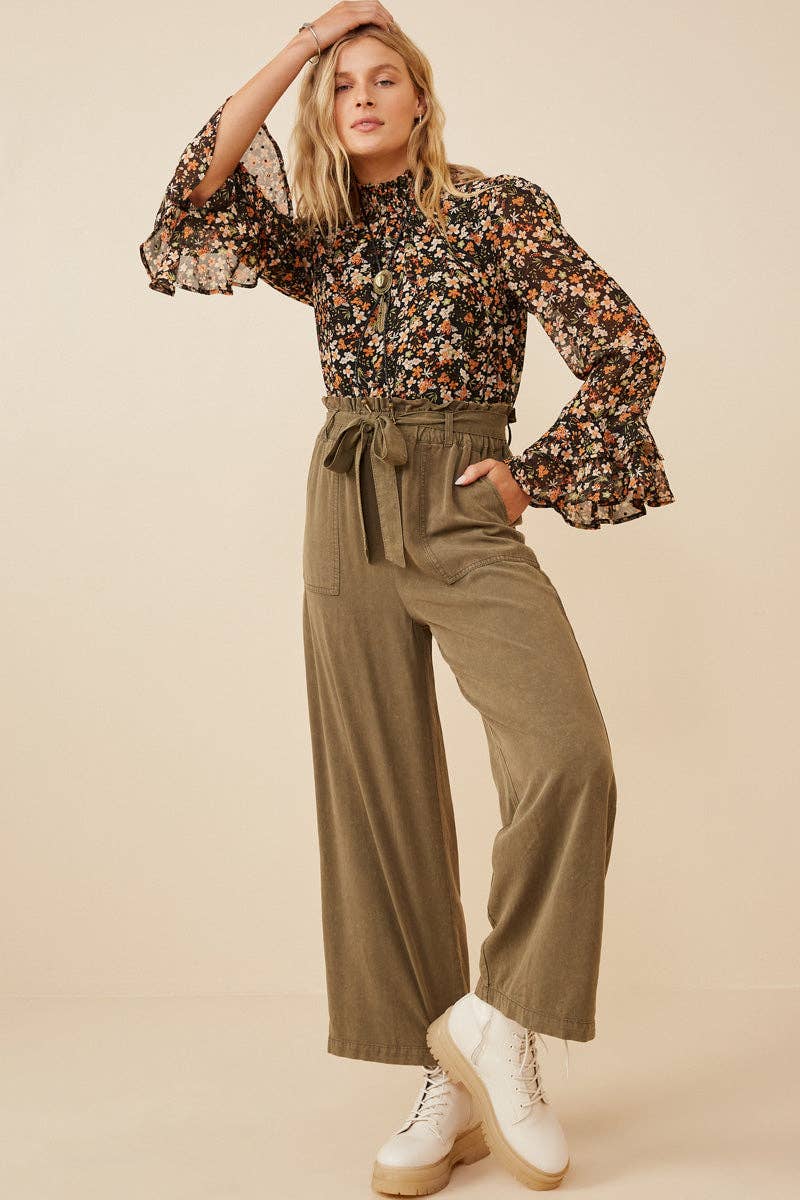 Womens Garment Dyed Tencel Wide Leg Pant
