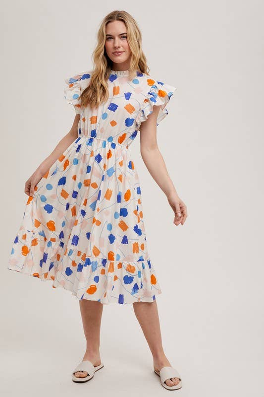 Geo Print Ruffle Sleeve Midi Dress