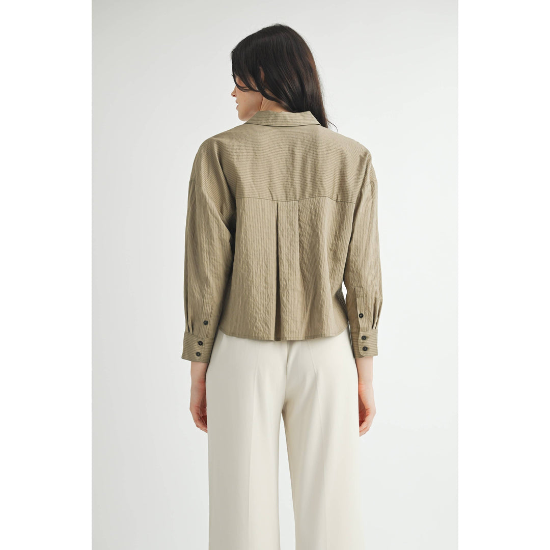 Striped Cropped Button Down Shirt in Olive Green