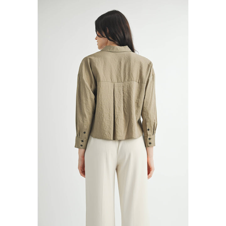 Striped Cropped Button Down Shirt in Olive Green