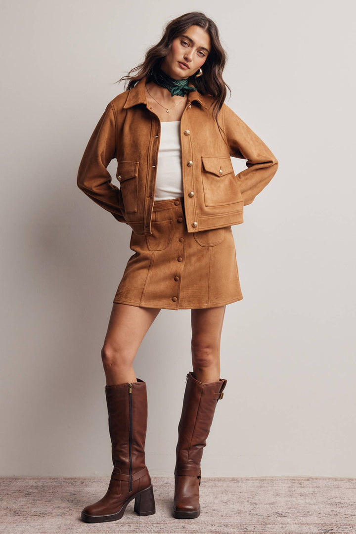 Stretch Suede Button Front Mini Skirt FSK0022