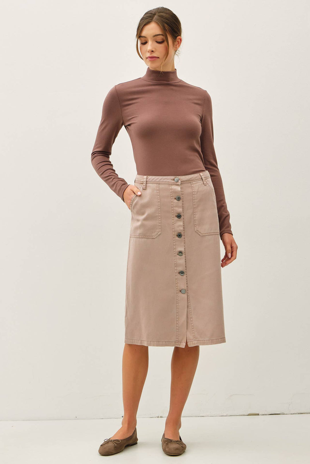 TENCEL BLEND BUTTON UP KNEE LENGTH SKIRT