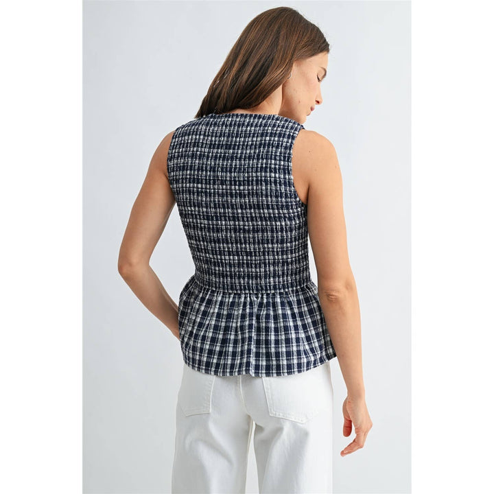 Gingham Sleeveless Peplum Tie Detail Smocked Top in Navy