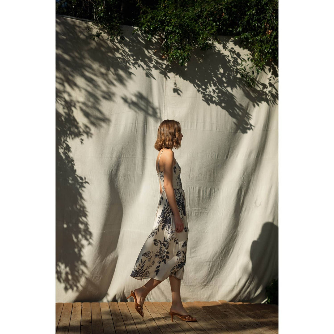 Smocked Floral Midi Dress in Navy &amp; White