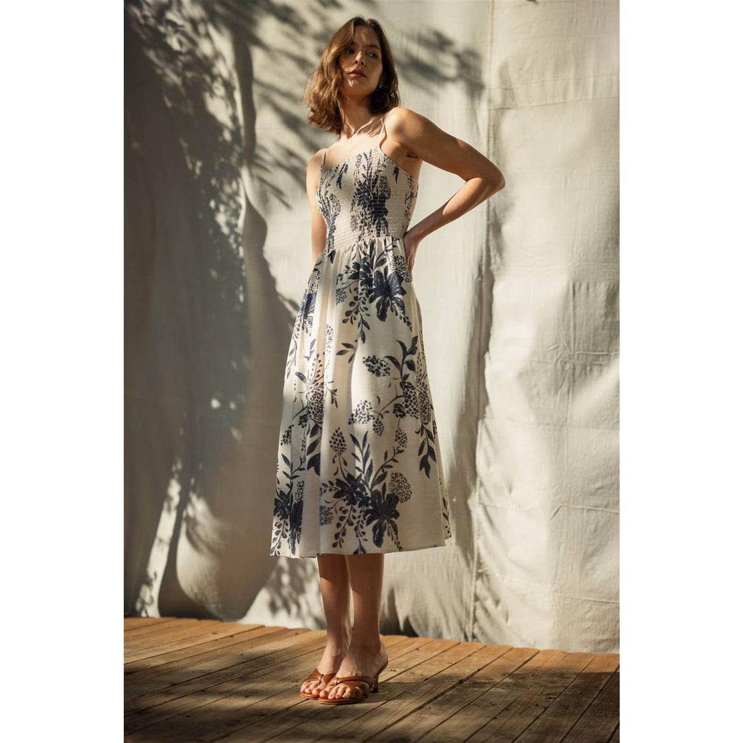 Smocked Floral Midi Dress in Navy &amp; White