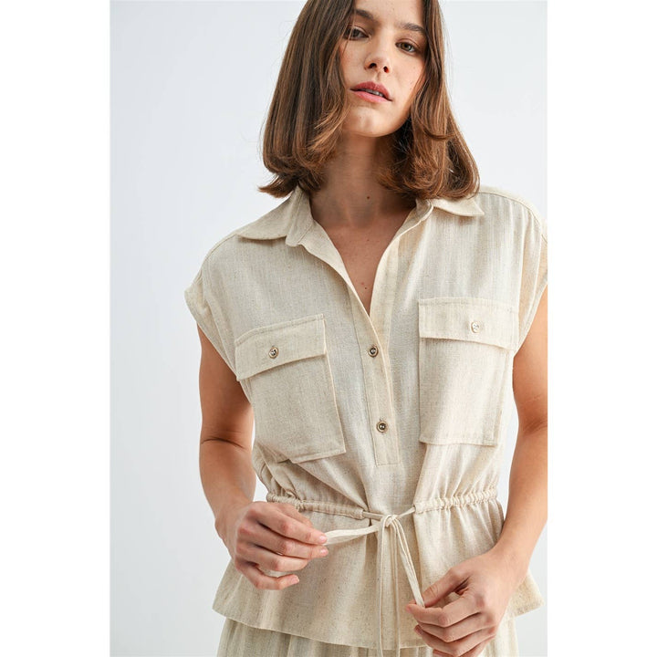 Linen Blend Elastic Waist Utility Dolman Shirt