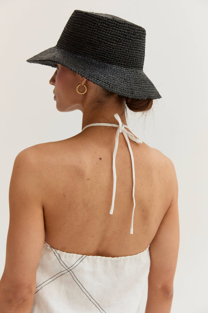 Lena Linen Contrast Stitch Halter Mini Dress in White
