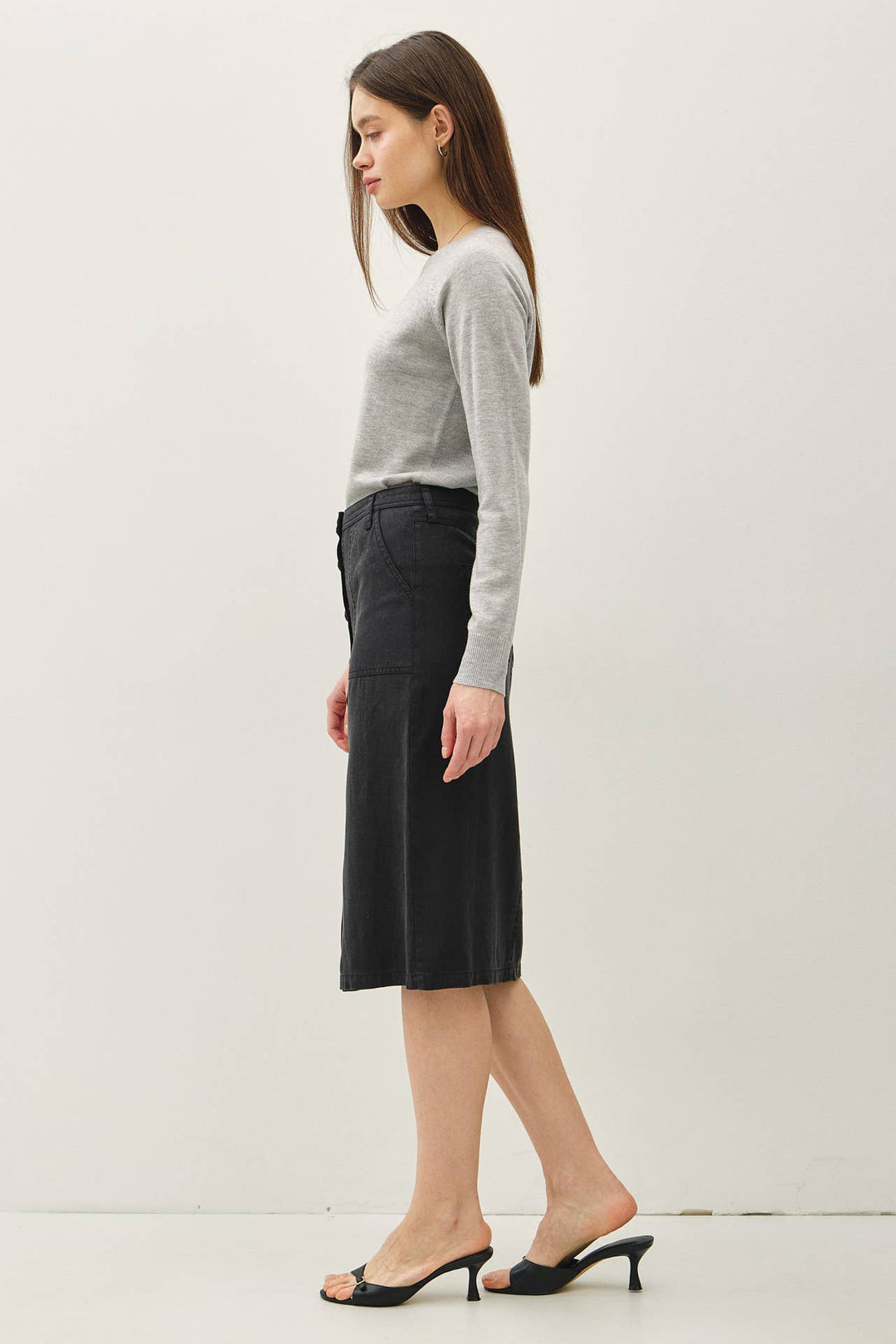 TENCEL BLEND BUTTON UP KNEE LENGTH SKIRT