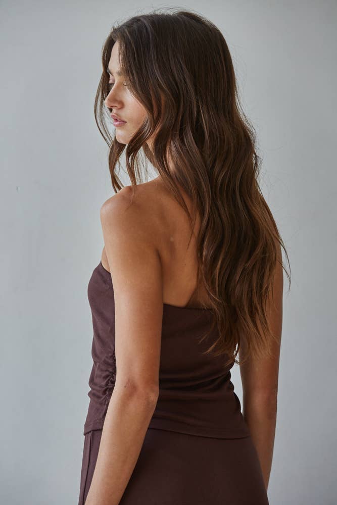 Knit Viscose Spandex Side Shirring Tube Top in Brown