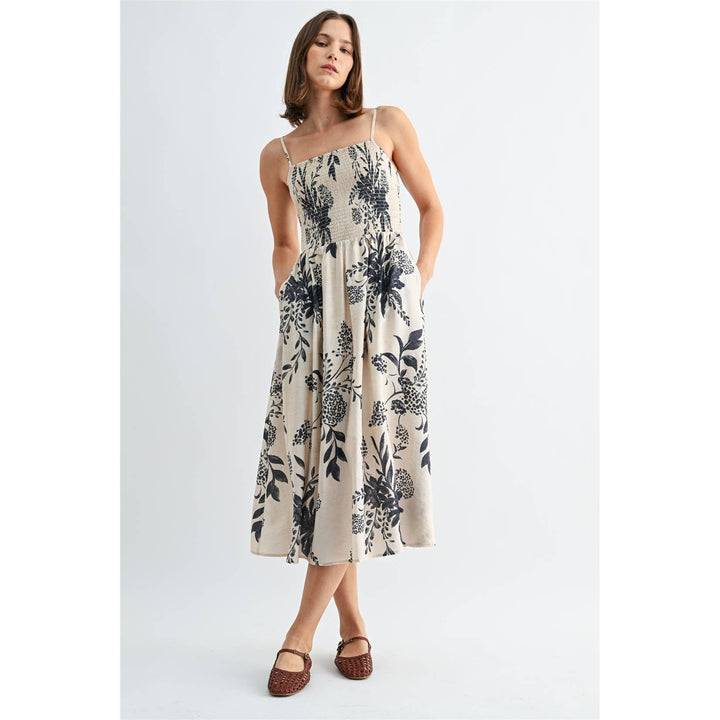 Smocked Floral Midi Dress in Navy &amp; White