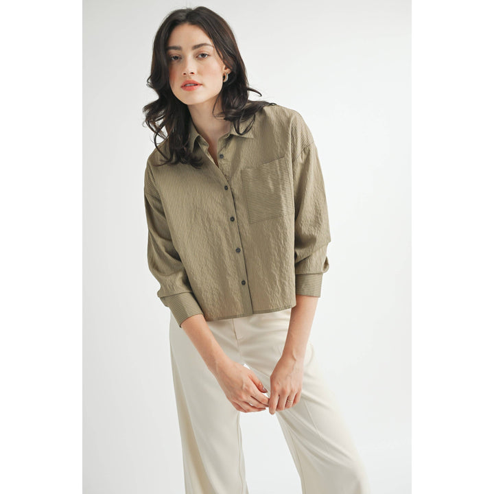Striped Cropped Button Down Shirt in Olive Green