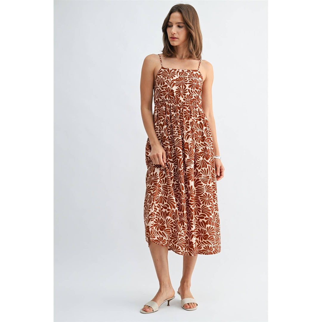 Flower Print Smocked Back Midi Dress in Orange