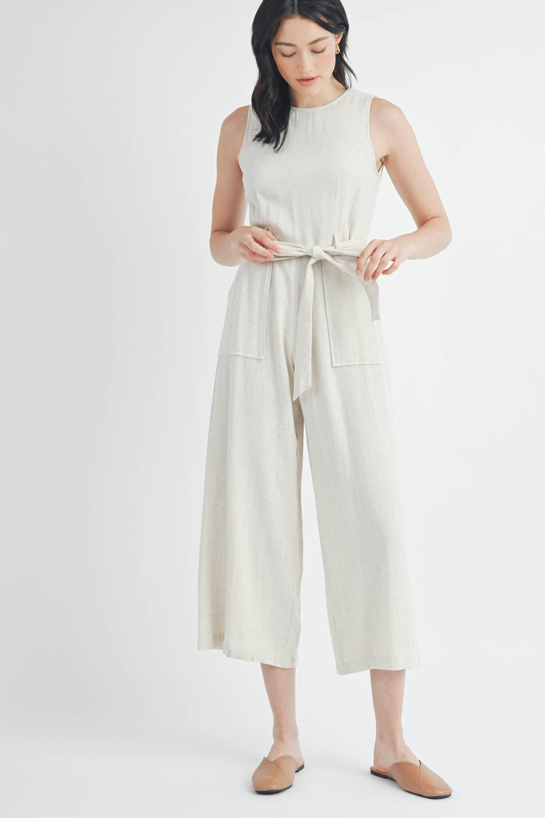Linen Tie Waist Jumpsuit in Natural
