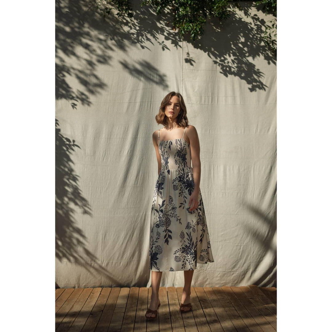 Smocked Floral Midi Dress in Navy &amp; White