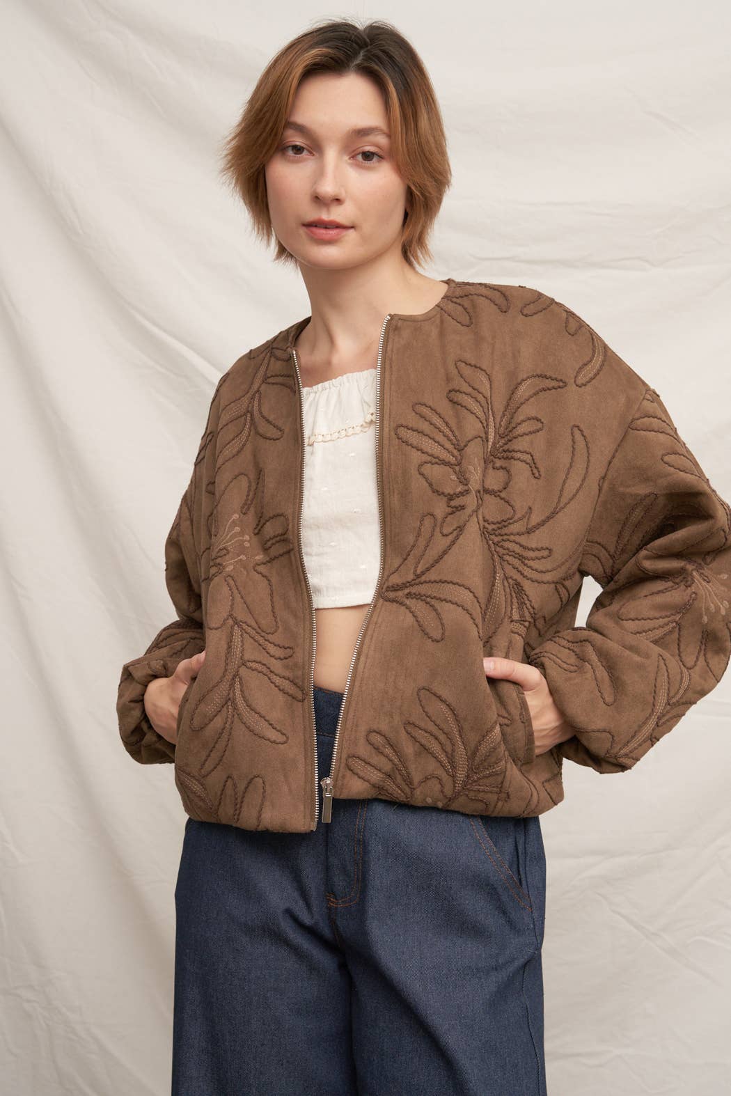 Embroidered Floral Pattern Bomber Jacket in Brown