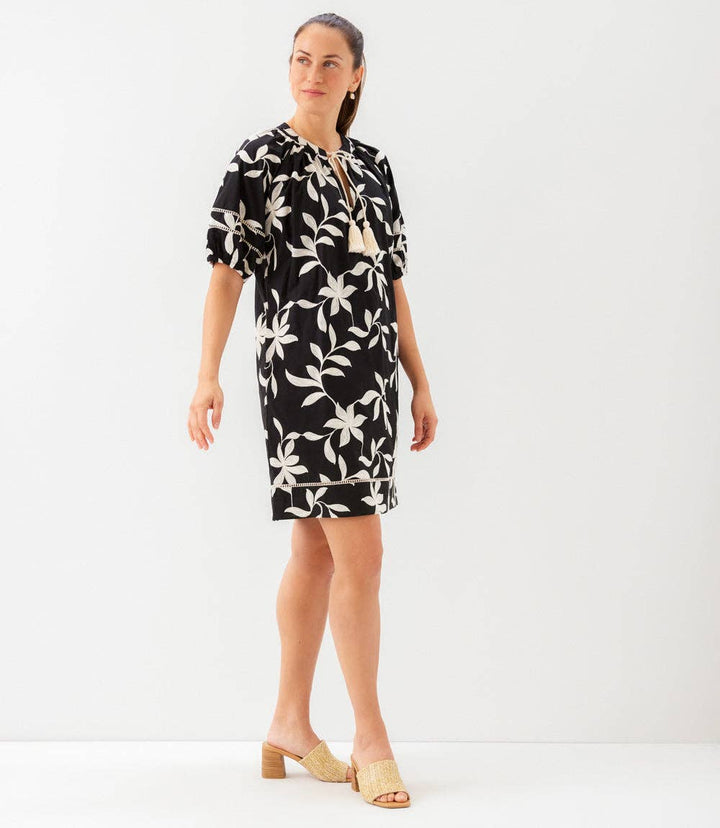 Floral Embroidered Puff Sleeve Tassel Dress in Black