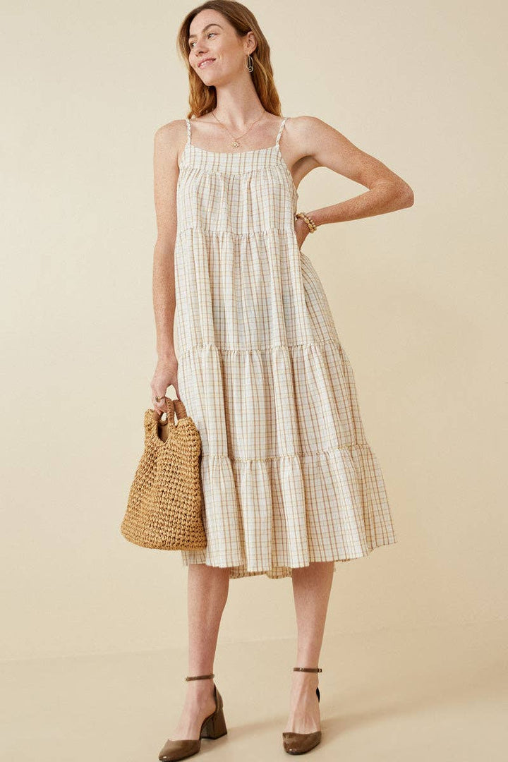 Womens Textured Plaid Tiered Maxi Tank Dress