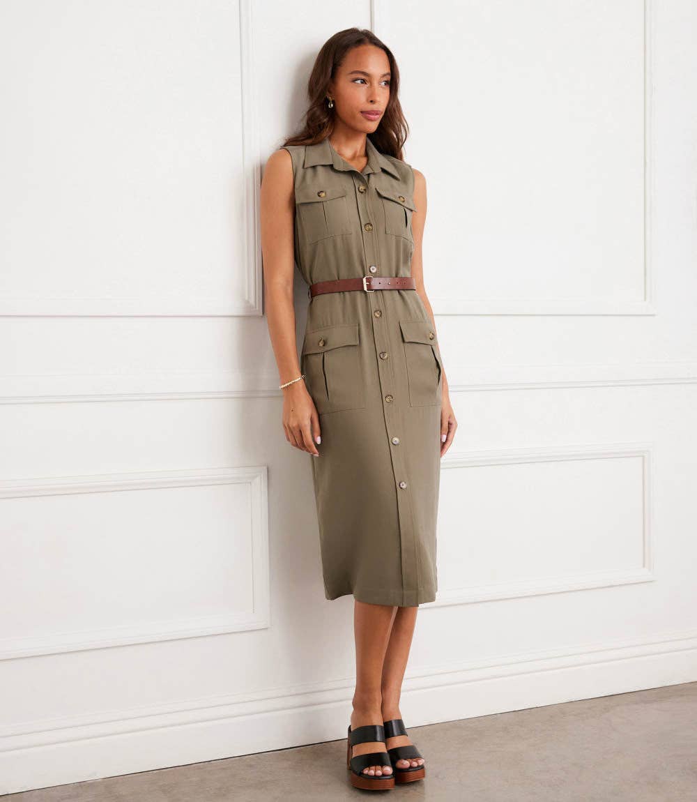Sleeveless Midi Shirtdress in Olive
