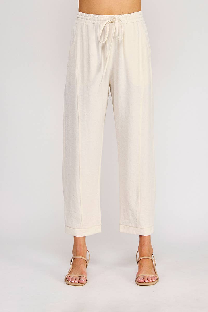 Linen Blend Elastic Tie Relaxed Tapered Pant