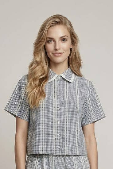 Jacquard Gingham Button Front Boxy Shirt in Navy