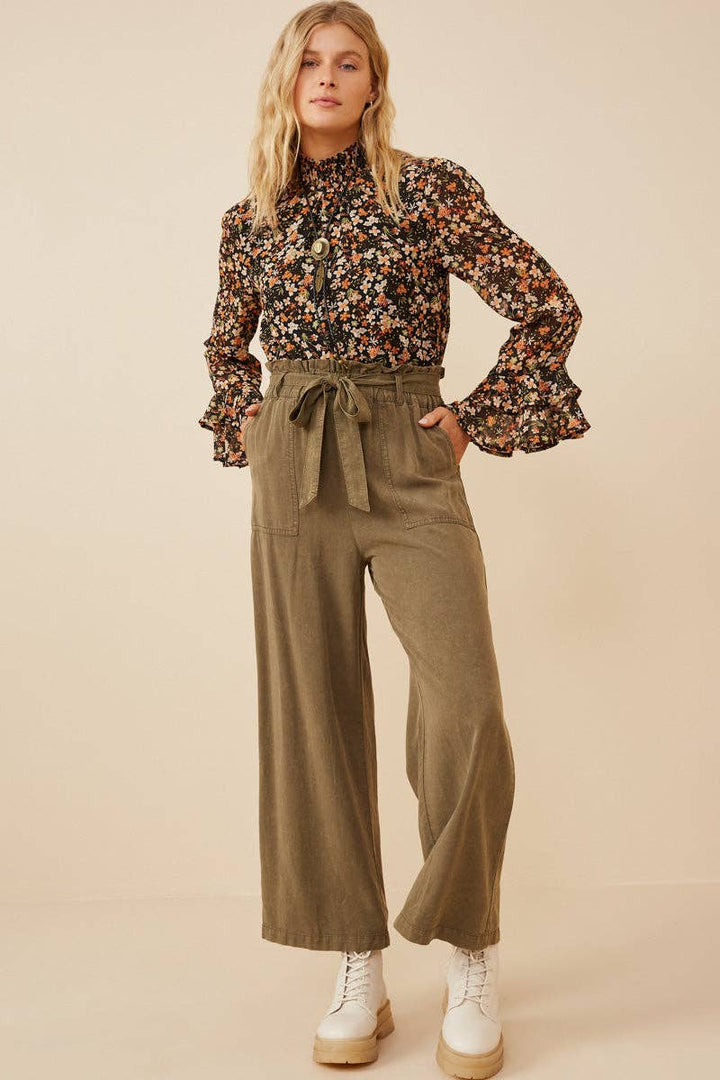 Womens Garment Dyed Tencel Wide Leg Pant