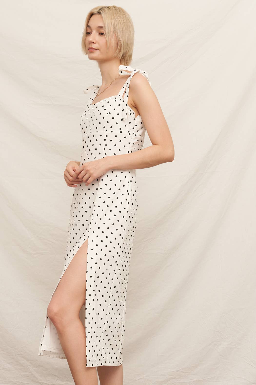 Sleeveless Black &amp; White Polka Dot Midi Dress with Slit