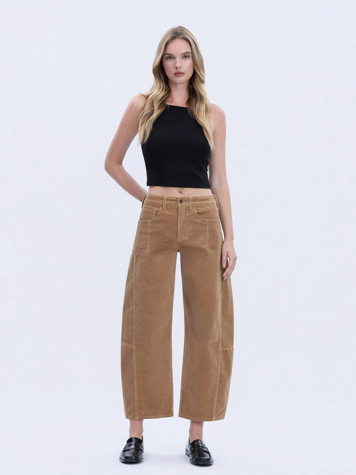 High Rise Corduroy Barrel Jeans in Khaki