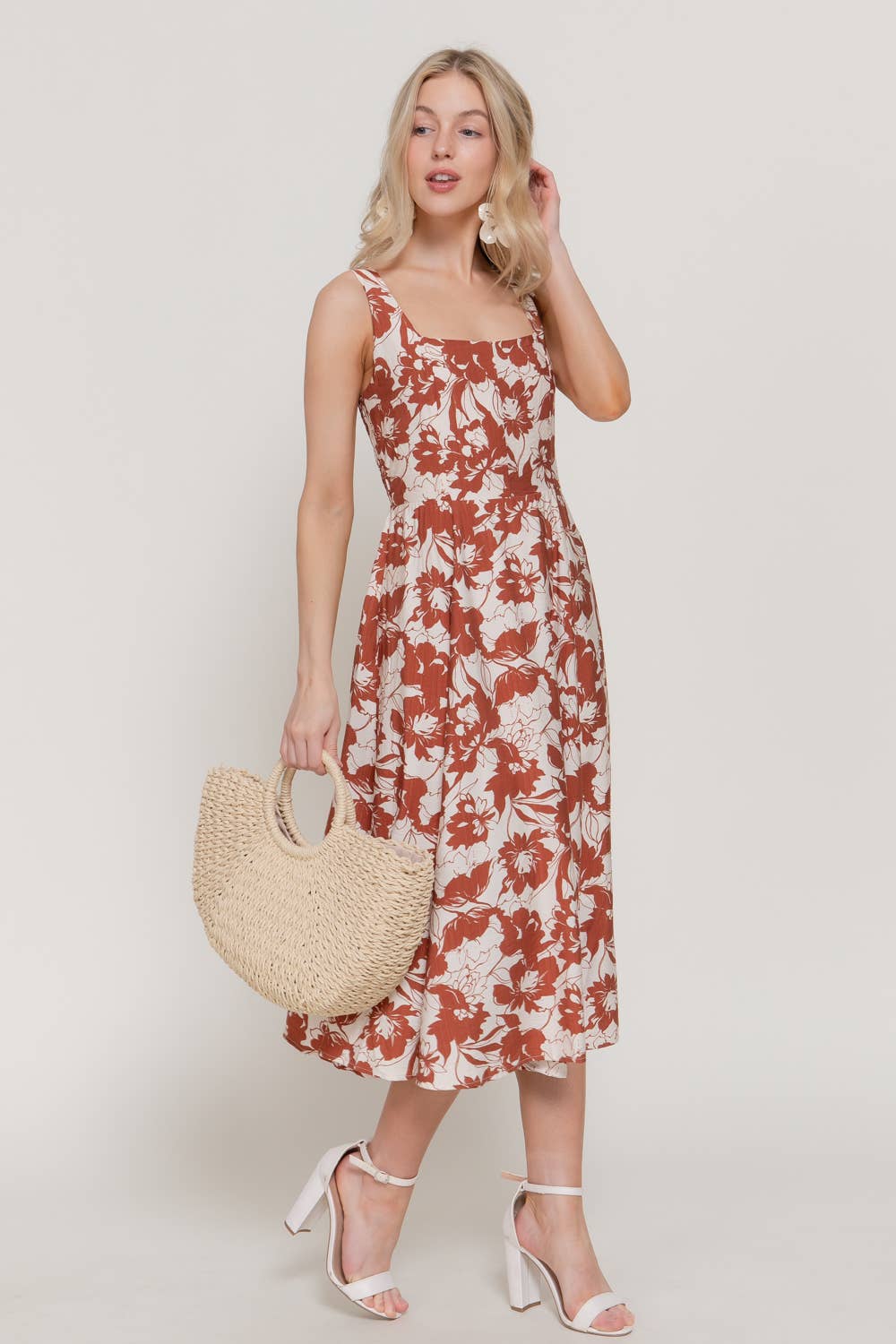 Square Neckline Printed Midi Dress