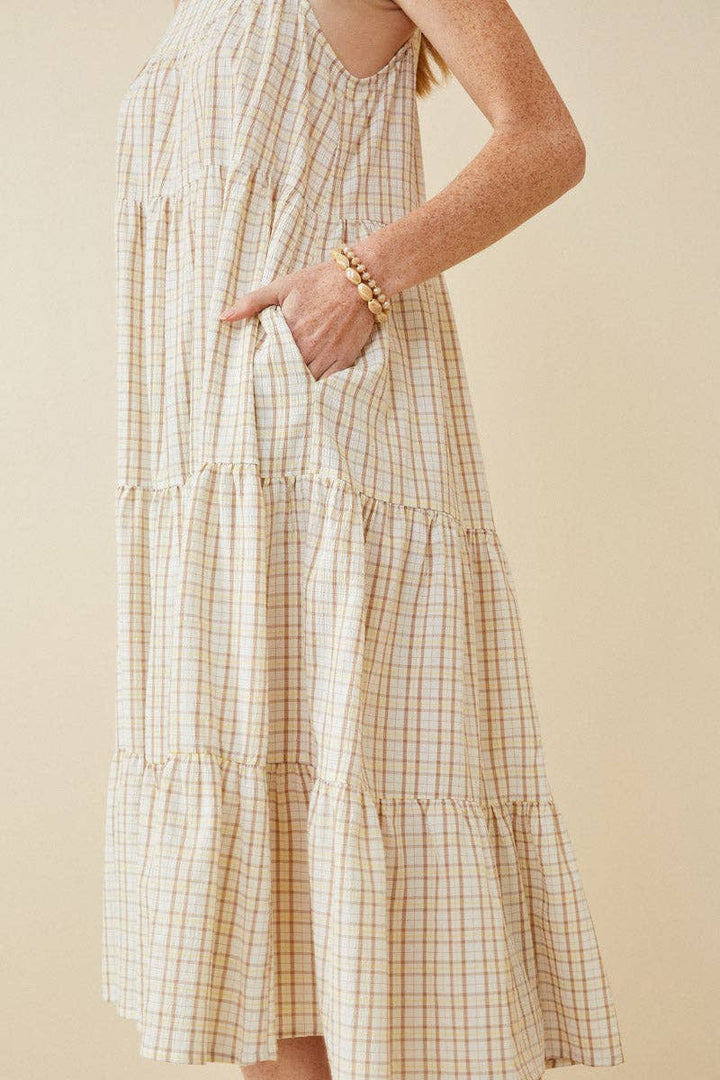 Womens Textured Plaid Tiered Maxi Tank Dress