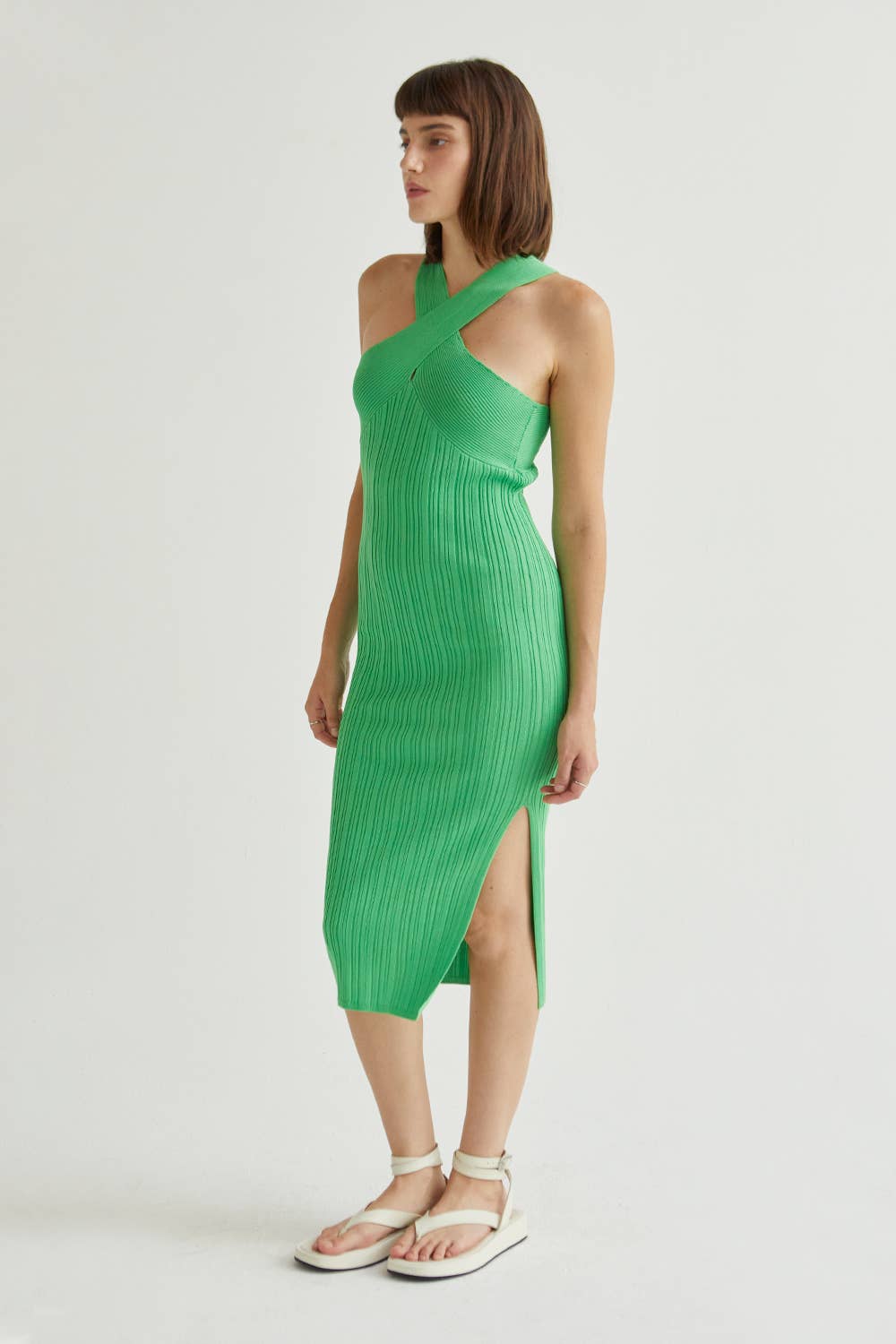 Marina Ribbed Knit Halter Neck Dress in Green