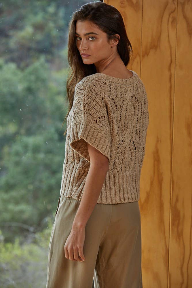 W1124 | Knit Sweater Crochet Round Neck Short Sleeve Top