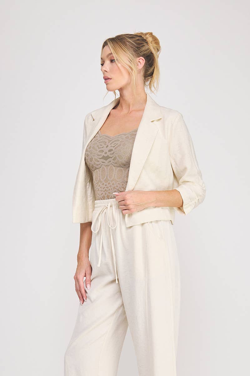 Linen Blend Cropped Cinched Sleeve Open Blazer
