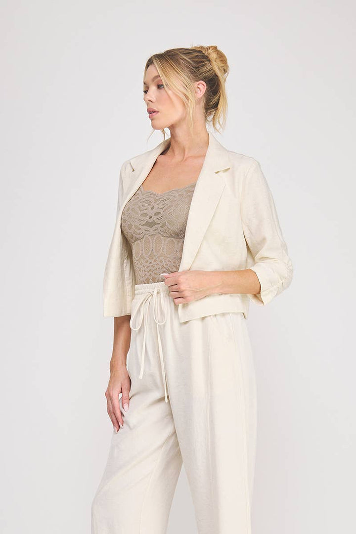 Linen Blend Cropped Cinched Sleeve Open Blazer