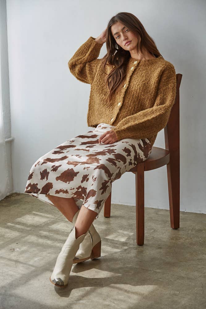 Woven Cow Print Satin Midi Skirt