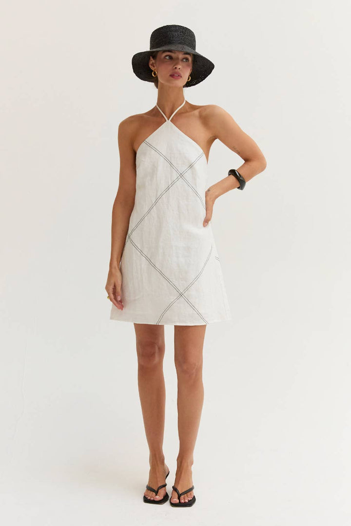 Lena Linen Contrast Stitch Halter Mini Dress in White