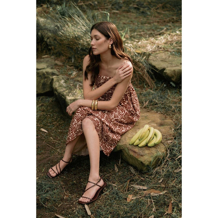 Flower Print Smocked Back Midi Dress in Orange