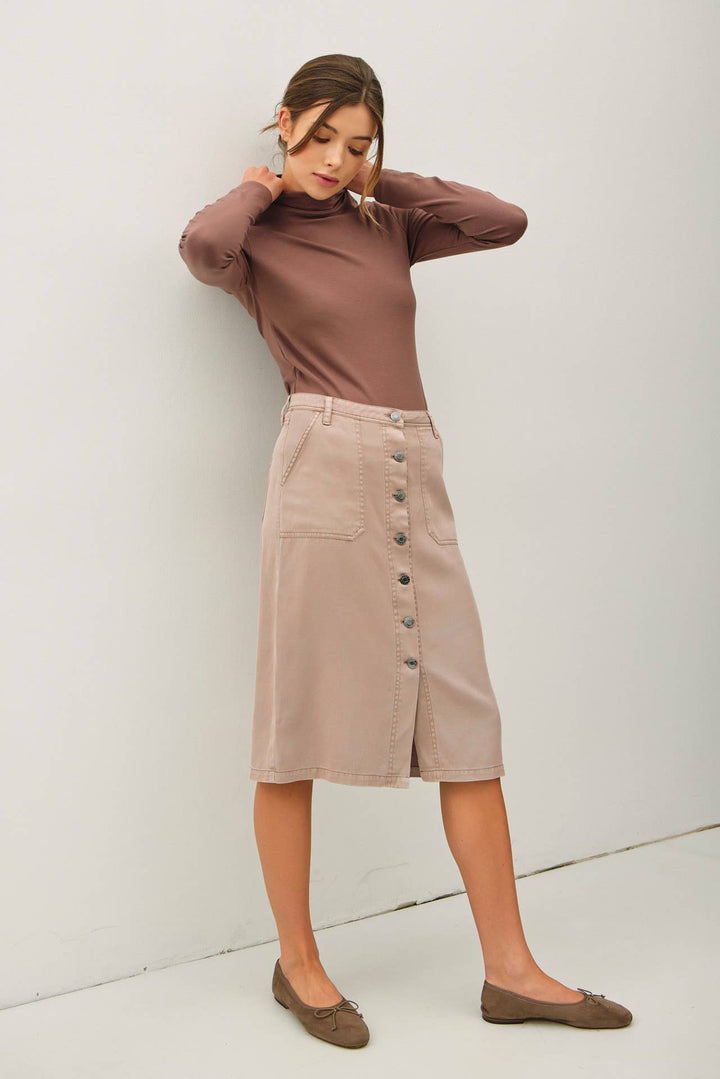TENCEL BLEND BUTTON UP KNEE LENGTH SKIRT