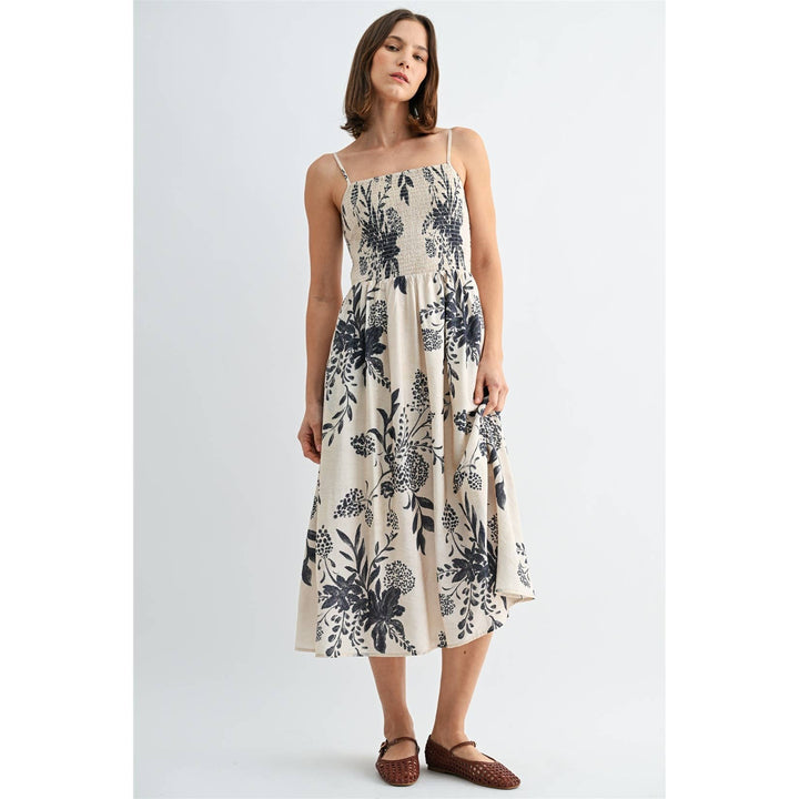 Smocked Floral Midi Dress in Navy &amp; White