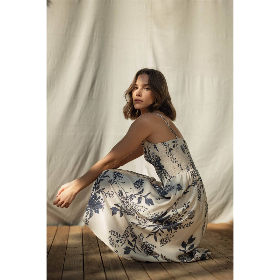 Smocked Floral Midi Dress in Navy &amp; White