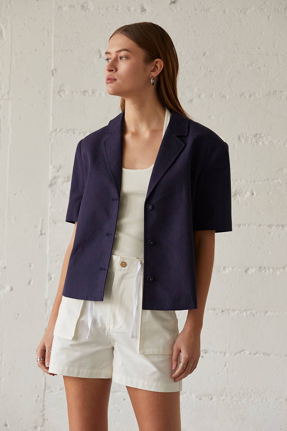 Bessie Short Sleeve Linen Blend Blazer in Navy Blue