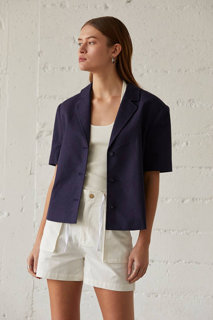 Bessie Short Sleeve Linen Blend Blazer in Navy Blue