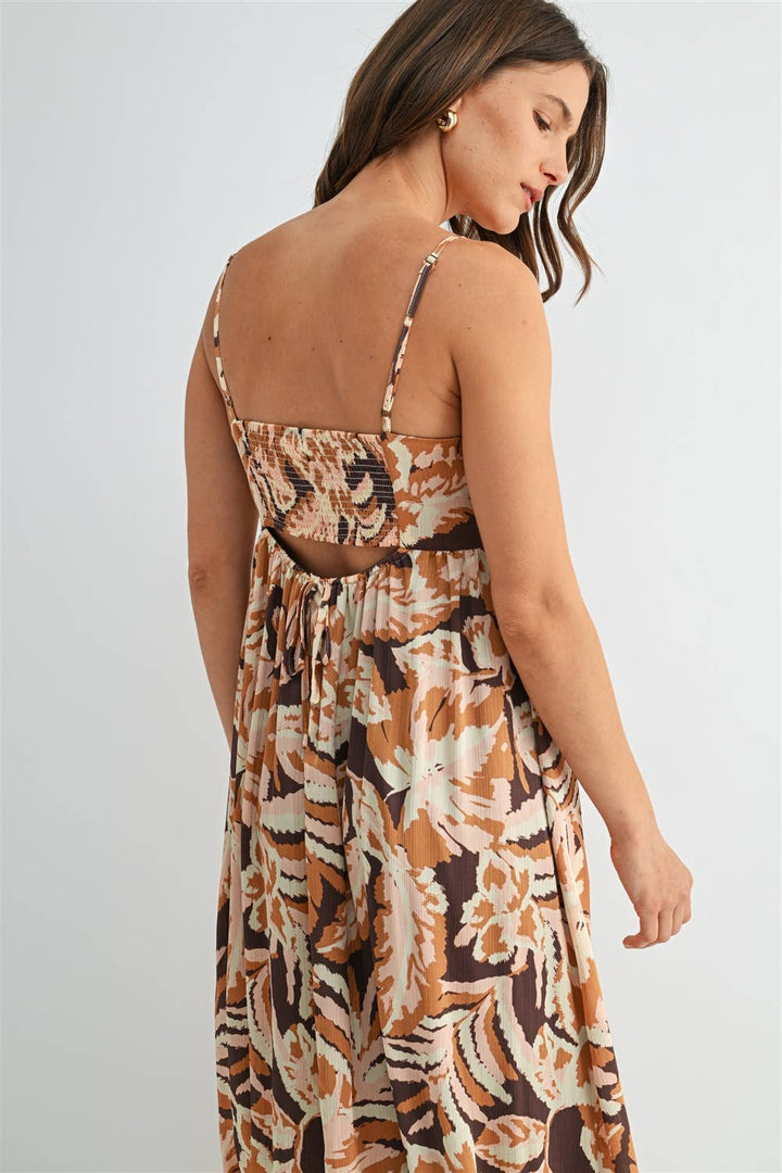 Leaf Print Smocked Back Dress in Brown Multi Color