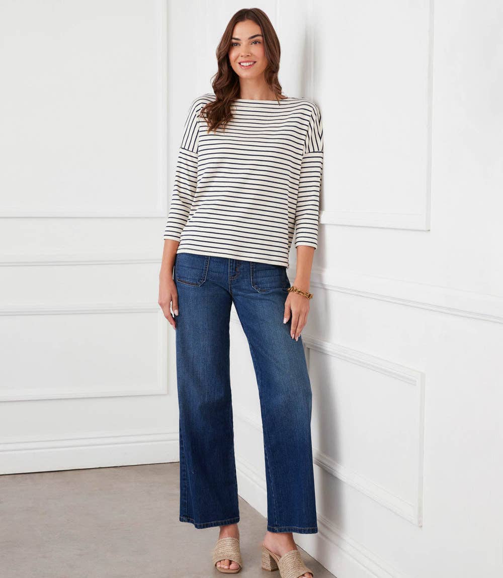 Petite Size Stripe 3/4 Sleeve Boatneck Top