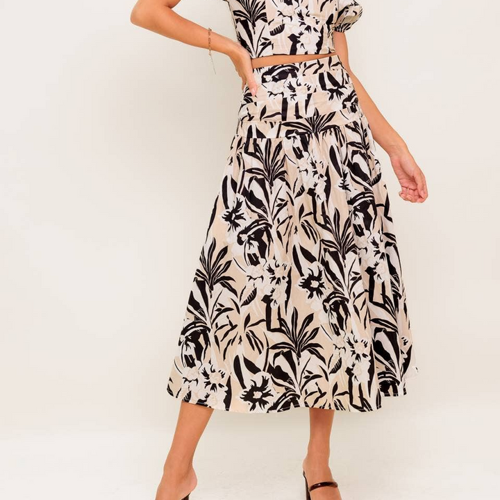 Black &amp; Taupe Tropical Print Woven Skirt